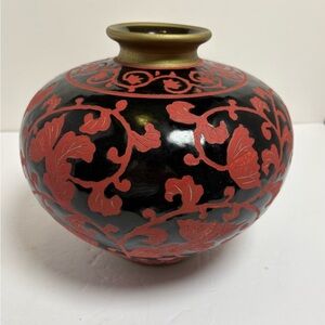 Vintage Hand Enameled Black on Red Floral Porcelain Round Decorarive Vase